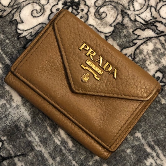 Prada AUTHENTIC Tan Leather Orange Interior Trifold Gold Logo Compact Wallet - Picture 2 of 16